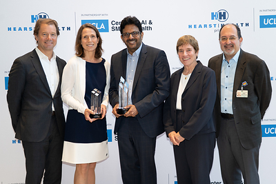 Steer Health accepts the 2026 Hearst Health Prize. Pictured left to right: Greg Dorn, MD, President, Hearst Health; Jennifer Altreuter, MD, Lead, MatchMiner-AI, Knowledge Systems Group, Dana-Farber Cancer Institute (2026 Finalist); Sridhar Yerramreddy, President & CEO, Steer Health (2026 Winner); Katherine Andriole, PhD, Associate Dean for Health AI Strategy and Innovation, UCLA; and Arash Naiem, MD, PhD, Director, UCLA Center for SMART Health.