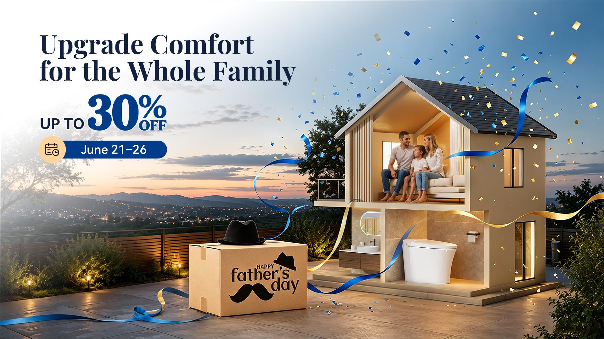 A family sitting in a newly upgraded house with a modern smart toilet.