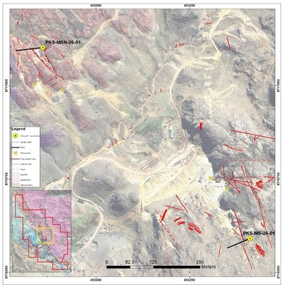 FIGURE 1 – Plan View: Madre Sierra and Madre Sierra Norte - Plan view showing the collars and traces of PKS-MS-26-01 and PKS-MSN-26-01 relative to the Veta NN and Veta Viviana structures at Madre Sierra and the NN 1, NN 2, NN 3 and Leydi structures at Madre Sierra Norte. (CNW Group/Titiminas Silver Inc)