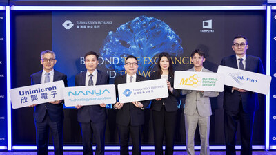 TWSE joins listed semiconductor firms to showcase how integrating capital and technology leads the future of global AI. From right, executives from Alchip Technologies, MSSCORPS, Taiwan Stock Exchange, Nanya Technology Corporation, and Unimicron Technology (PRNewsfoto/Taiwan Stock Exchange (TWSE))