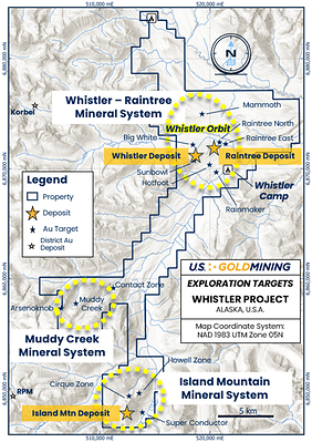 Figure 1: The Whistler Project, containing three gold ± copper ± silver mineral systems:  Whistler–Raintree contains the currently delineated Whistler and Raintree deposits; Island Mountain contains the namesake gold deposit and several additional undrilled targets; and Muddy Creek holds potential for discovery of an intrusive related gold system.
