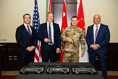 The SIG SAUER team present commemorative firearms to the United States Army leadership at the Pentagon recognizing the Army's anniversary.