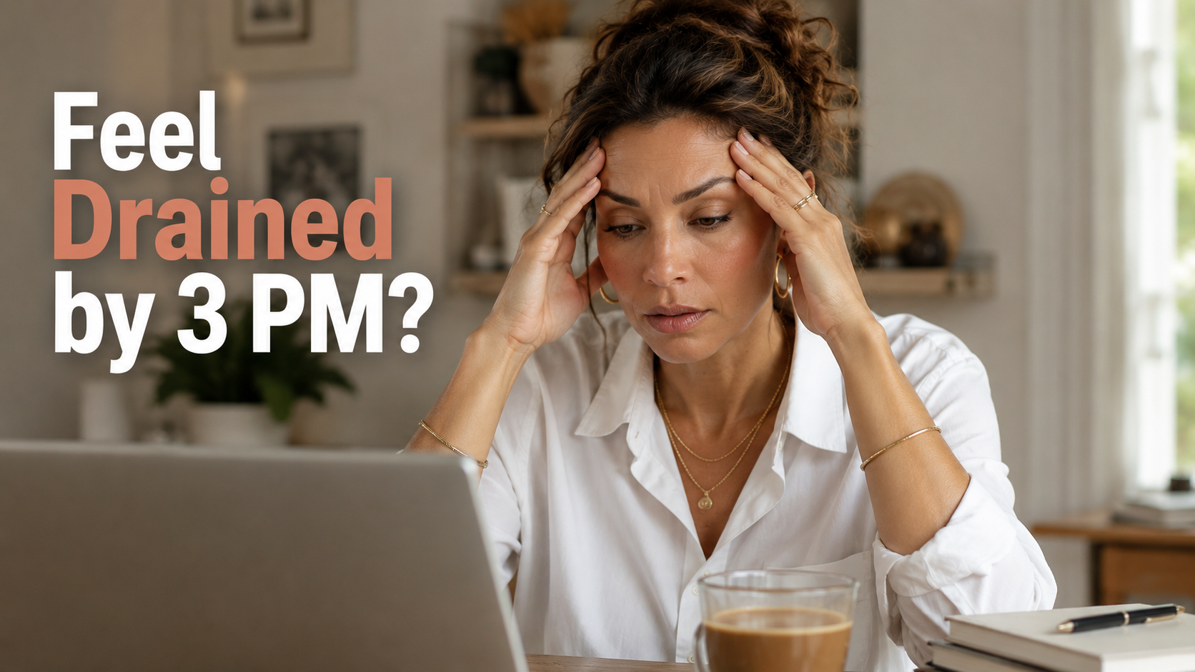 A tired woman holding her head in front of a laptop with text asking Feel Drained by 3 PM.
