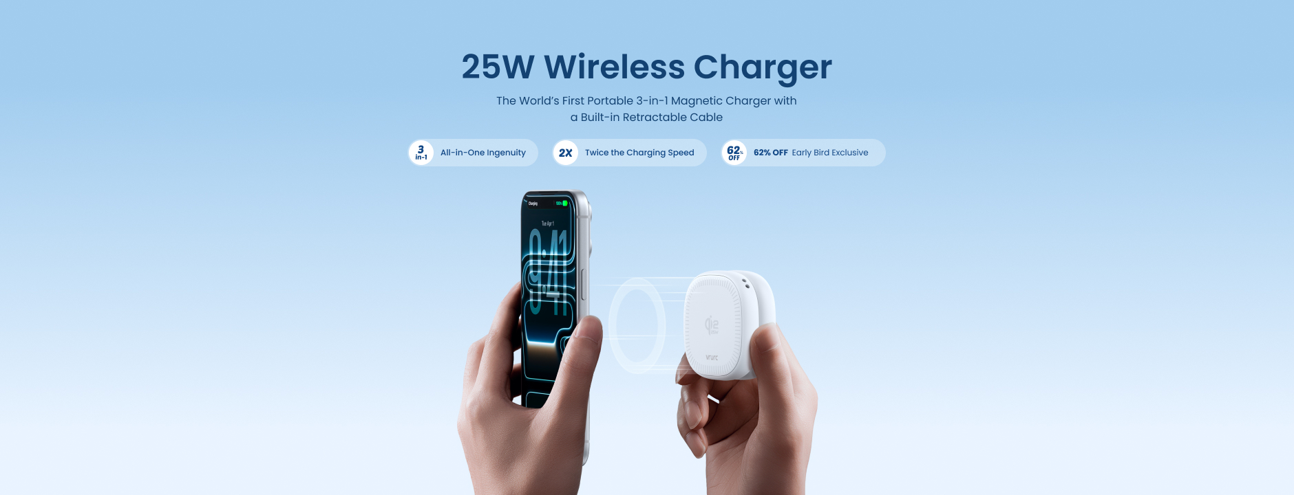 Close-up of T009 with iPhone magnetically attached, showing dual-zone cooling vents and retractable cable side port