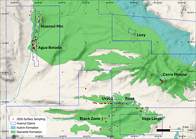 Figure 1: Huemul Project Target and Surface Sampling Locations Figure 1: Huemul Project Target and Surface Sampling Locations