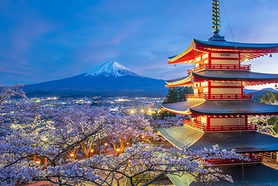 Asia is a popular region for luxury travelers booking a 2027 vacation. Above is the Chureito Pagoda in Fujiyoshida, Japan, and Mount Fuji. Photo by Shutterstock. 