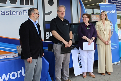 Reworld® and Goodwill Industries of NEPA Celebrate the Electronics Waste Partnership Kickoff. Pictured from Left to Right: Leo Russo, Representing Congressman Rob Bresnhan’s Office; Gordon Burgoyne, Business Manager of Electronics Recycling, Reworld; Kate Dempsey Jones, President and CEO, Goodwill Industries of NEPA; Scranton Mayor Paige Cognetti.