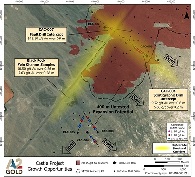 Figure 3: Plan map that shows the current Castle mineral resource, interpreted northeast- and northwest-striking structural corridors, and areas for potential resource expansion and follow-up drilling. Figure 3: Plan map that shows the current Castle mineral resource, interpreted northeast- and northwest-striking structural corridors, and areas for potential resource expansion and follow-up drilling.