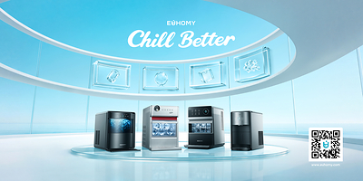 Euhomy’s ice maker lineup, showcasing the brand’s range of ice shapes and countertop designs.