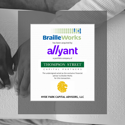 Braille Works Lucite: Hyde Park Capital Advises Braille Works on Its Sale to Allyant, a Portfolio Company of Thompson Street Capital Partners
