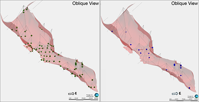 Figure 4. Oblique view of the 3D geological model of the mineralized domain. Historical drill hole intercepts are shown in green on the left, and samples included in the current resampling program are shown in blue on the right.
