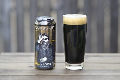 A 16oz can of Chill Rasputin Stout from North Coast Brewing Co., with a glass of the beer. The 4.5 ABV stout will hit store shelves in early October.