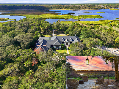 In addition to its proximity to the ocean, the property also enjoys direct frontage on the Guana River, with panoramic views of northeast Florida’s spectacular sunsets. An outdoor lounge (inset image) along the water’s edge is the perfect place for enjoying a glass of wine or a cigar as the sun sinks behind the river. FLLuxuryAuction.com.
