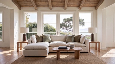 Kova Pillow Modular 3-Piece Sofa + Ottoman in Frost Performance Linen Kova Pillow Modular 3-Piece Sofa + Ottoman in Frost Performance Linen