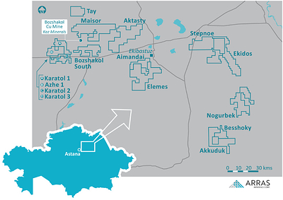 Figure 4.  Arras Minerals Elemes Project and project portfolio located in Pavlodar, northeastern Kazakhstan.