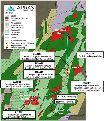 Figure 1: Plan map of completed and reported drillholes overlain on Elemes surface geology map
Note: Copper and gold equivalent calculations use the following metal prices: US$3.75/lb copper, US$3,000/oz gold, US$35/oz silver and US$30/lb molybdenum. Metallurgical recoveries are Cu 90%, Au 85%, Ag 75% and Mo 80%. All intervals are presented as core lengths; true thicknesses of mineralization are currently unknown.