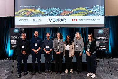 The four Ocean AI Challenge finalists stand alongside MEOPAR Executive Director Jamie Snook and CIOOS Director Anne-Sophie Ste-Marie at the Understanding and Predicting the Ocean Using AI workshop, hosted by MEOPAR and CIOOS in Ottawa on September 22.