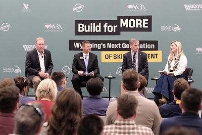 Panelists at Bechtel’s Build for More event, from left: Bechtel Senior Vice President Walker Kimball, LCCC President Dr. Joe Schaffer, Wyoming Governor Mark Gordon, and moderator Rayna Farrell, Bechtel Principal Vice President, Chief of Corporate Affairs & Marketing.