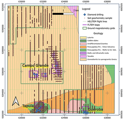 Figure 2: Main historic exploration work at Canaã Copper, over local geology.