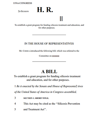 U.S. Representatives Lou Correa of California and Maxine Dexter, M.D., of Oregon introduced the Silicosis Prevention and Treatment Act on October 14, 2026.