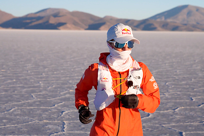 Fernanda Maciel running across the Salar de Uyuni during her record crossing attempt, in Uyuni, Bolivia, on September 28, 2026.
