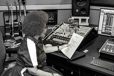 Stephanie Mills in studio recording vocals