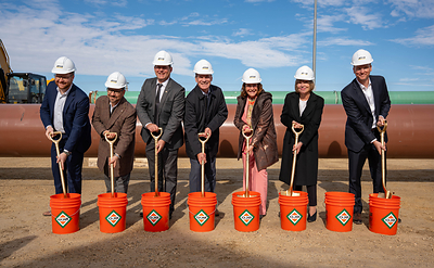 Yellowhead Pipeline groundbreaking. (L-R): Patrick Bain, Director, Yellowhead Mainline Project; Jason Sharpe, COO, ATCO Energy Systems; Hon. RJ Sigurdson, Minister of Affordability and Utilities; Bob Myles, CEO, Canadian Utilities; Nancy Southern, Chair & CEO, ATCO, and Executive Chair, Canadian Utilities; Hon. Eleanor Olszewski, Minister of Emergency Management and Community Resilience and MP for Edmonton Centre; Lance Radke, SVP, Gas & Pipelines, ATCO Energy Systems.