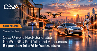 Ceva introduces its next-generation NeuPro NPU portfolio, advancing Physical AI with scalable intelligence from always-on sensors to autonomous systems, robotics and advanced edge devices. Built on a common architecture and unified software stack, the portfolio delivers up to 2X higher AI throughput per mm² and 50% better energy efficiency for multimodal, generative and agentic AI workloads, while extending Ceva’s neural processing technology into AI infrastructure. Ceva introduces its next-generation NeuPro NPU portfolio, advancing Physical AI with scalable intelligence from always-on sensors to autonomous systems, robotics and advanced edge devices. Built on a common architecture and unified software stack, the portfolio delivers up to 2X higher AI throughput per mm² and 50% better energy efficiency for multimodal, generative and agentic AI workloads, while extending Ceva’s neural processing technology into AI infrastructure.