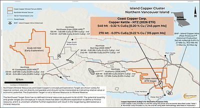 Figure 1 – North Vancouver Island - Copper Kettle, Island Copper1 and North Island1 Project Areas (Ind= Indicated, Inf=Inferred) Figure 1 – North Vancouver Island - Copper Kettle, Island Copper1 and North Island1 Project Areas (Ind= Indicated, Inf=Inferred)