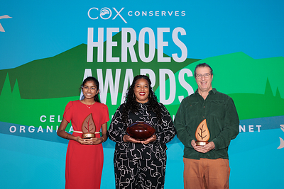 From left, Nithya Tammana, Nicole Lindsey, co-executive director of Detroit Hives and David Schick pose with their awards as the 2026 Cox Conserves Heroes.