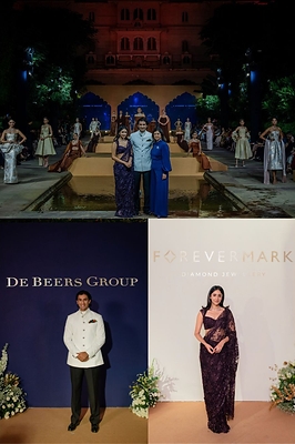 Shweta Harit, SVP, De Beers Group and CEO, Forevermark with Princess Gauravi Kumari; and His Highness Sawai Padmanabh Singh at the City Palace, Jaipur, marking two significant milestones for natural diamonds in India: the announcement of His Highness as De Beers Group’s advocate for natural diamonds and the unveiling of Princess Gauravi Kumari as the face of Forevermark Diamond Jewellery’s festive campaign, as the brand celebrates its first anniversary in India.