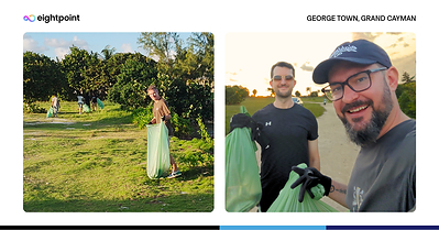 Eightpoint team members participate in a beach cleanup in Grand Cayman, helping remove litter and protect the island's coastal environment.