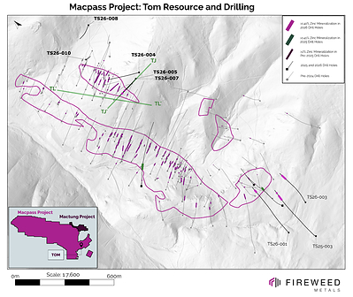 Map 2: Tom composite intervals in 2026 drilling, 2025 drilling and pre-2025 drilling with mineral resource vertical projection to surface. Map 2: Tom composite intervals in 2026 drilling, 2025 drilling and pre-2025 drilling with mineral resource vertical projection to surface.