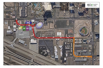 The proposed Russell Road intersection and bypass road, from Las Vegas Boulevard east and south to Tropicana Avenue.  Exhibit: GCW Engineers  Surveyors.