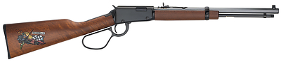 The “Team Zach” H1 Frontier Carbine, a .22 lever-action with custom artwork on an American walnut buttstock. Henry Repeating Arms built and donated 50 of them, serialized TEAMZACH01 through TEAMZACH50, to help Zach Bryant’s family with the cost of his leukemia treatment. Forty-seven are for sale at HenryUSA.com, and the first and last are on auction at GunBroker.com through November 4. (Photo: Henry Repeating Arms)