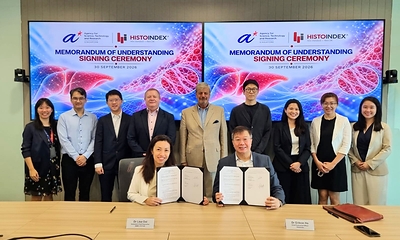 Dr Lisa Ooi, Assistant Chief Executive of A*STAR’s Biomedical Research Council (BMRC) and Dr Gideon Ho, Chief Executive Officer of HistoIndex (seated at the front) with representatives from A*STAR and HistoIndex at the MoU signing ceremony on 30 September 2026.