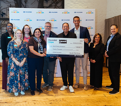 (left to right) Peggy Boyles, senior development manager, Holland Hayden, senior manager, Danica Stout, senior development manager, Jennifer Martinez Belt, chief philanthropy officer, Sam Dean, ceo, Amazeum,  Brandon Ramirez, director, corporate social responsibility, Hyundai Motor America, Christian Crain, coo, Crain Hyundai of Bentonville, Claire Cotros, Jennifer Czop, senior manager, merchandising, Erik Saban, senior group manager, regional market representation, Hyundai Motor America in Bentonville, Ark. on Oct. 26, 2026 (Photo/Hyundai)