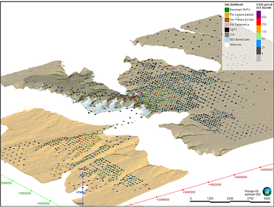 Figure 5. Overview of Laguna Salada Modelling - Distribution of U₃O₈ (25 ppm U threshold). 