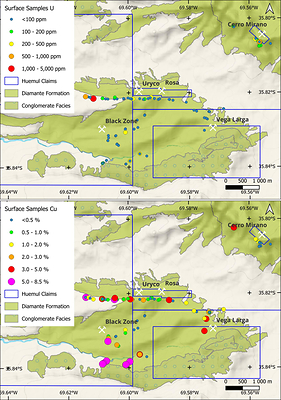 Figure 3 Uranium and copper surface sampling results along the Uryco-Rosa, Black Zone and Vega Larga Trend. Figure 3 Uranium and copper surface sampling results along the Uryco-Rosa, Black Zone and Vega Larga Trend.