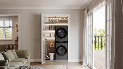 LG Electronics' new 25-inch LG WashTower™ features a refined flat design with a Hidden Hinge Door and Push Detergent Box, creating a sleek, built-in-inspired aesthetic that complements modern home interiors while maximizing space efficiency.