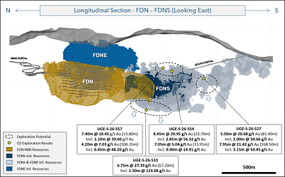 Figure 3: Long section showing FDN and FDNS deposits with selected FDNS Exploration drilling results.