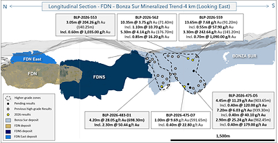 Figure 5: Long Section showing FDN, FDNS, FDN East and Bonza Sur deposits with selected exploration drilling results at Bonza Sur.