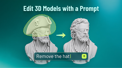 With Meshy Edit, a user circles the hat on a 3D bust and types “Remove the hat.” The new model shows the bust without the hat, while the rest of the model stays as it is. (Credit: Meshy)