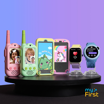 myFirst expands its 2026 product lineup with ViewTalkie, Camera Play Plus, Camera Play, Watch F1 conand Fone M2 (left to right), offering conected, creative and playful experiences for kids.