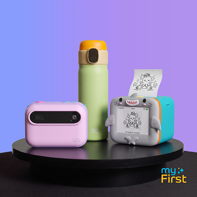 myFirst unveils three hero products under "The Magic Begins": Insta magiCam (left), CareSip (centre) and Insta magiBox (right).