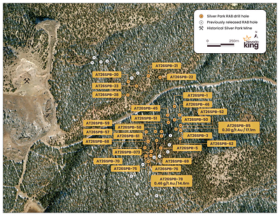 Figure 2. Plan view map of Silver Park RAB drilling with hole locations. RAB drill holes are positioned along a structural contact of strongly altered dolomite basement with porphyritic intrusive rock. Anomalous gold mineralization is found within rock surface samples and at depth beneath post-mineral cover from previous RAB drilling.