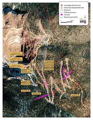 Figure 1. Plan view map of East Ridge RAB drilling with mapped surface structure and coinciding porphyritic intrusive rock. Strong alteration and anomalous mineralization along north-west and north-east structures. Anomalous gold mineralization is found within surface rock samples along both structures and intrusive. 