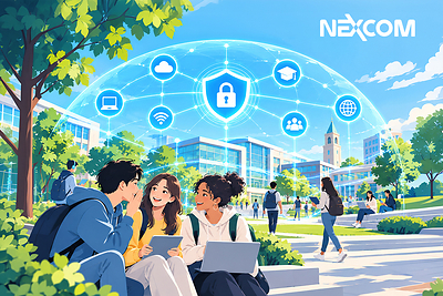 Illustrative image generated using AI. Students gather on a campus lawn under a digital shield symbolizing NEXCOM's Next-Generation Firewall platforms securing academic networks.