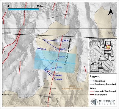 Figure 3. Plan view of Santa Ana vein showing the drill holes reported in this release (Table 2). Coordinates are in the UTM system, zone 18N, and WGS84 projection.