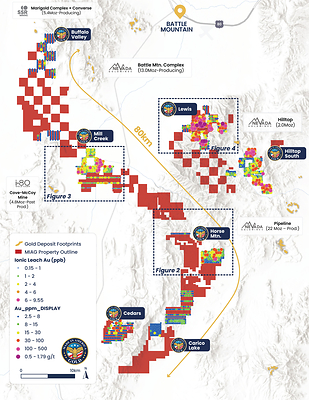 Figure 1: Battle Mountain area (BMA) portfolio map showing MIAG property outlines, gold-in-soil results, and Ionic Leach and conventional soil sample locations across the district. The BMA properties cover an 80 km near-continuous trend adjacent to several Tier 1 gold deposits and mines, including SSR Mining’s Marigold Complex, NGM’s Phoenix and Pipeline mines, and I-80 Gold’s Cove-McCoy Mine.